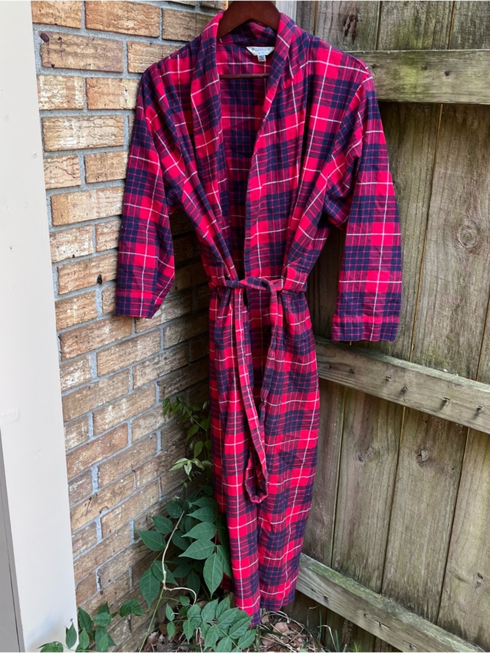 Vintage Bonsoir Men's Red Plaid Flannel Robe with Belt
